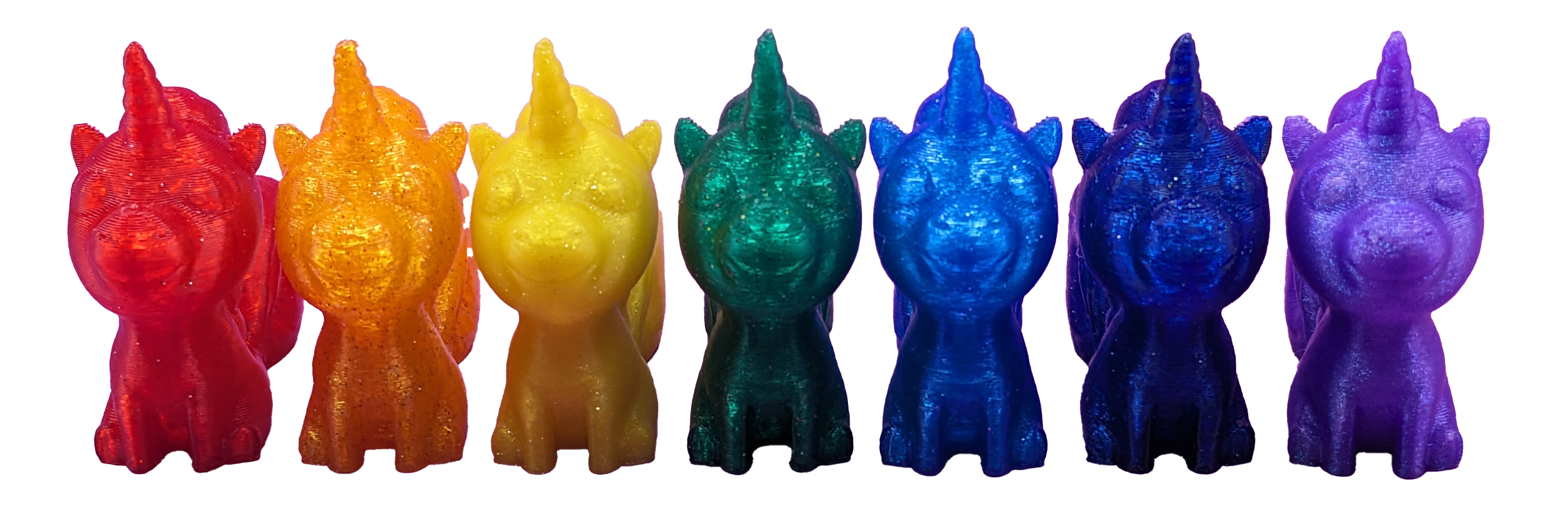 Row of rainbow-colored unicorn figurines